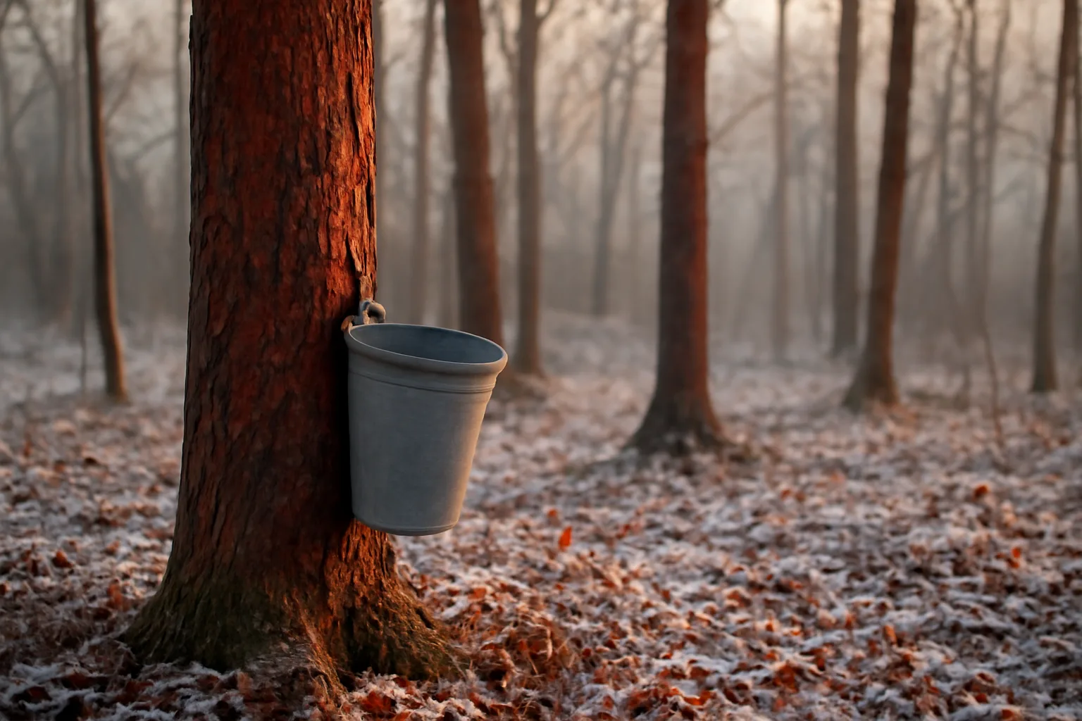 Red maple trees tapped for sap in an Alabama woodland on a cold winter morning