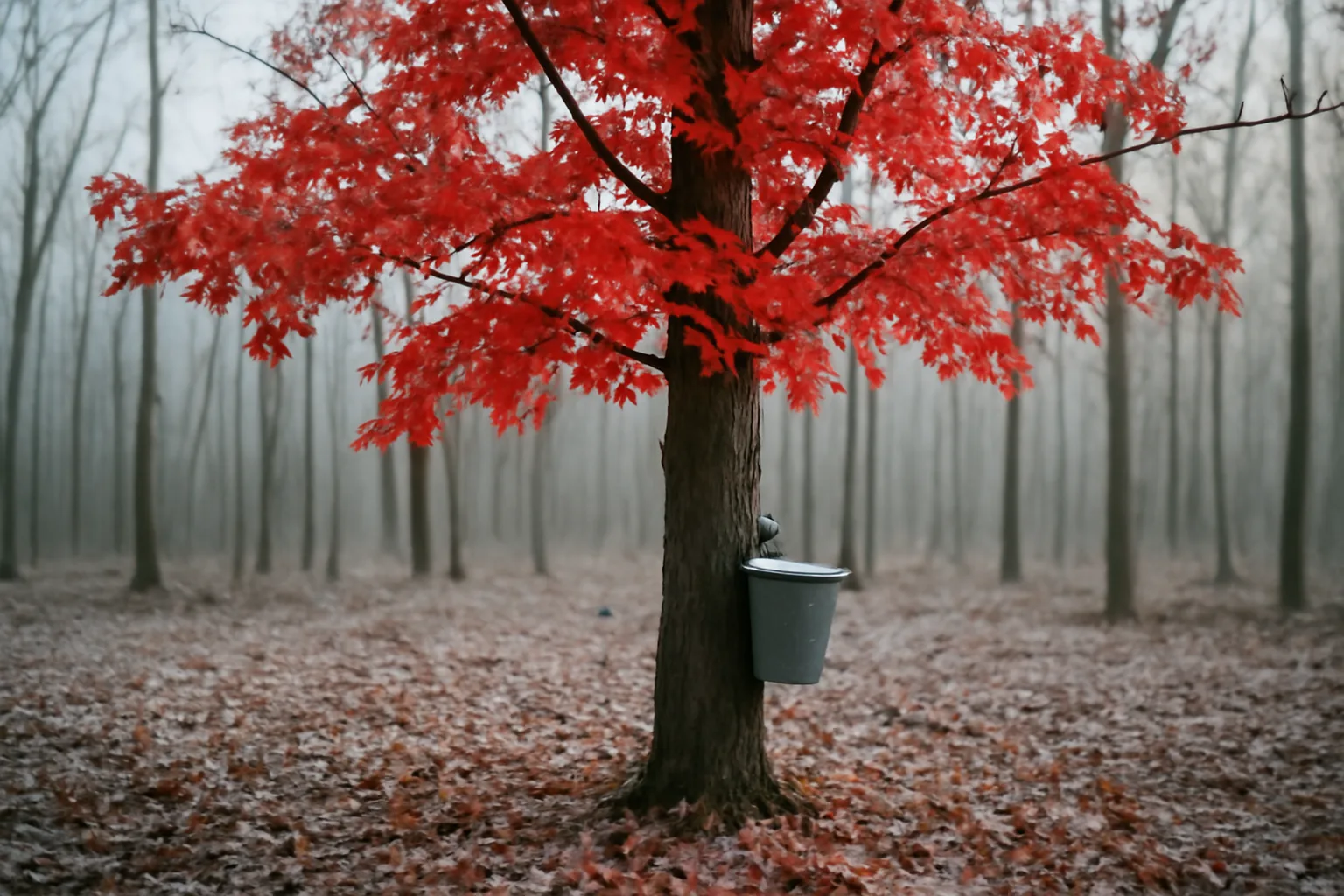 Metal sap bucket on a red maple tree in an Alabama winter woodland