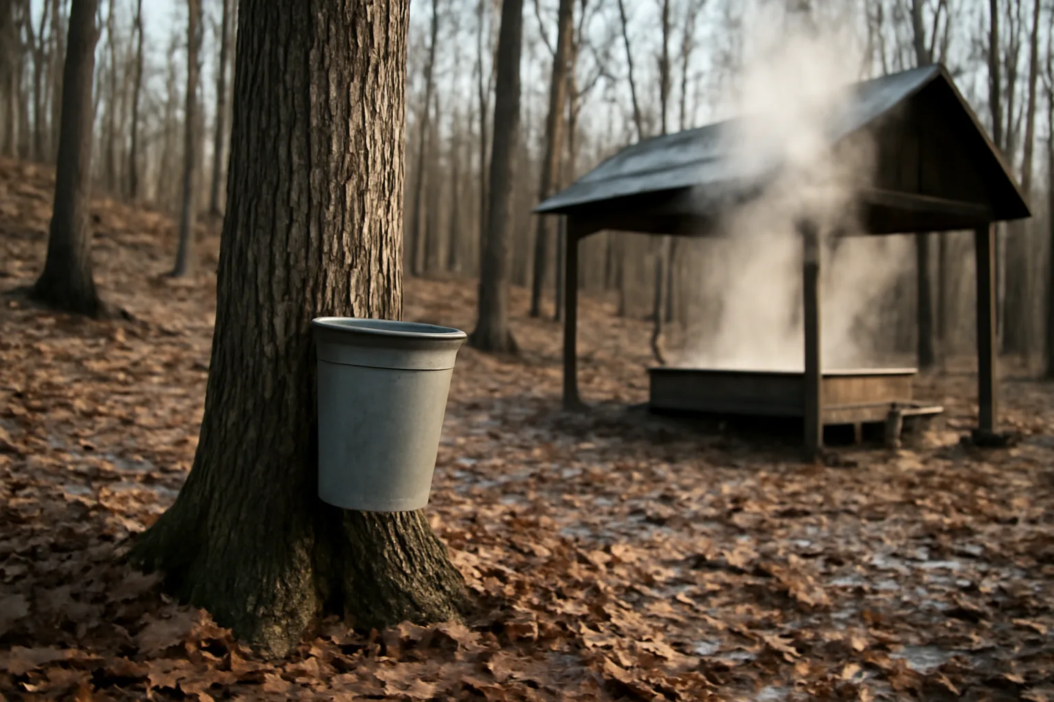 Sap bucket on a maple trunk in Arkansas Ozark winter woods