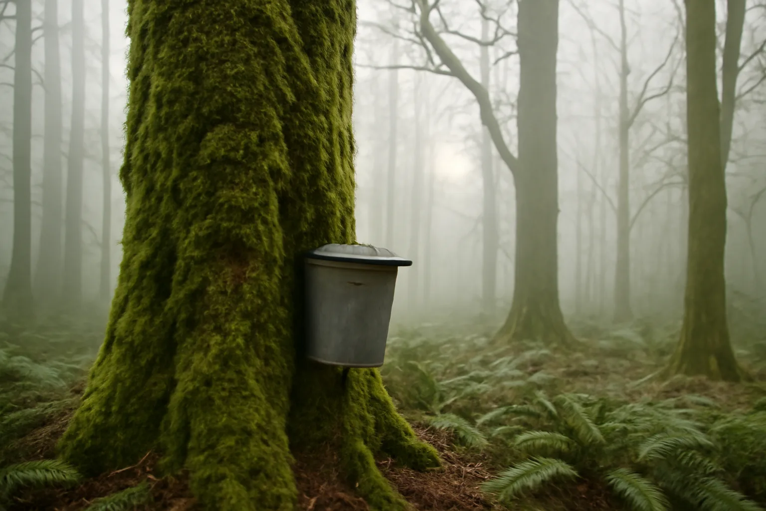 Foggy northern California forest with mossy bigleaf maple trunks and a sap bucket