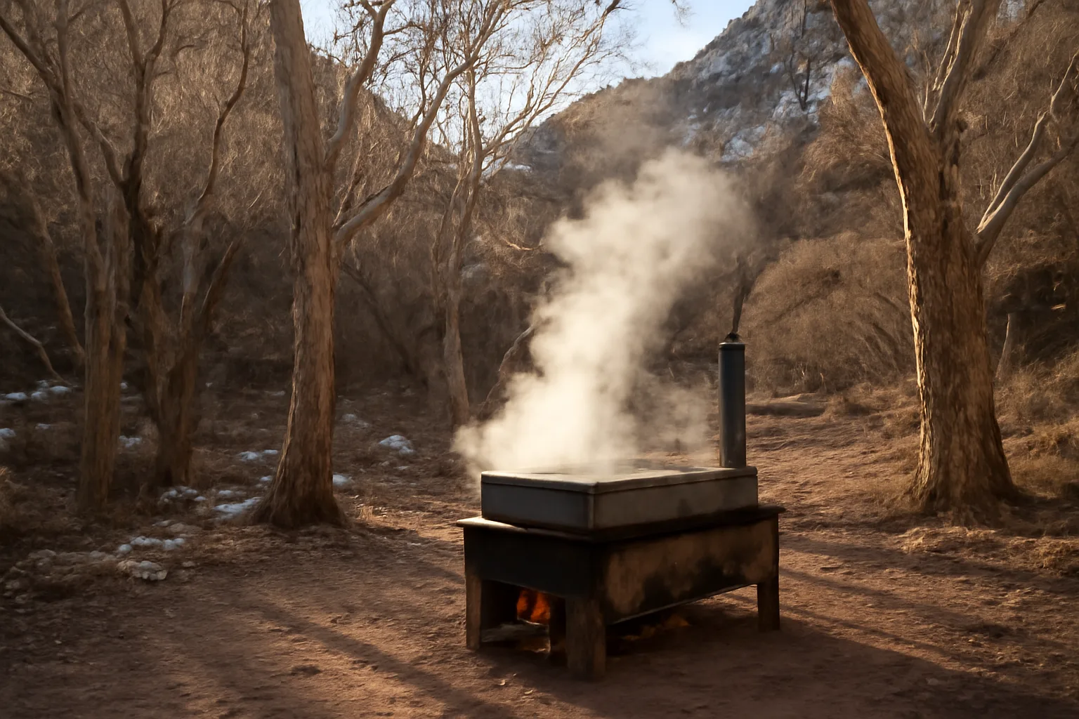 Arizona sugarbush evaporator steaming among canyon maples in late winter