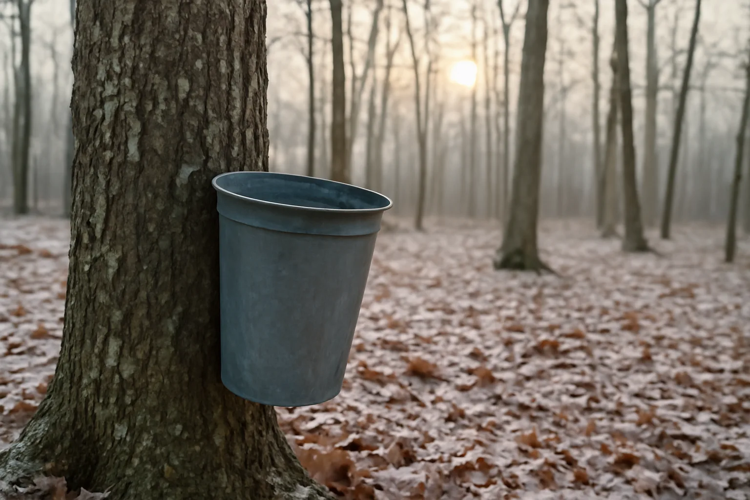 Frosty Ozark maple trunks and a sap bucket in Arkansas woods