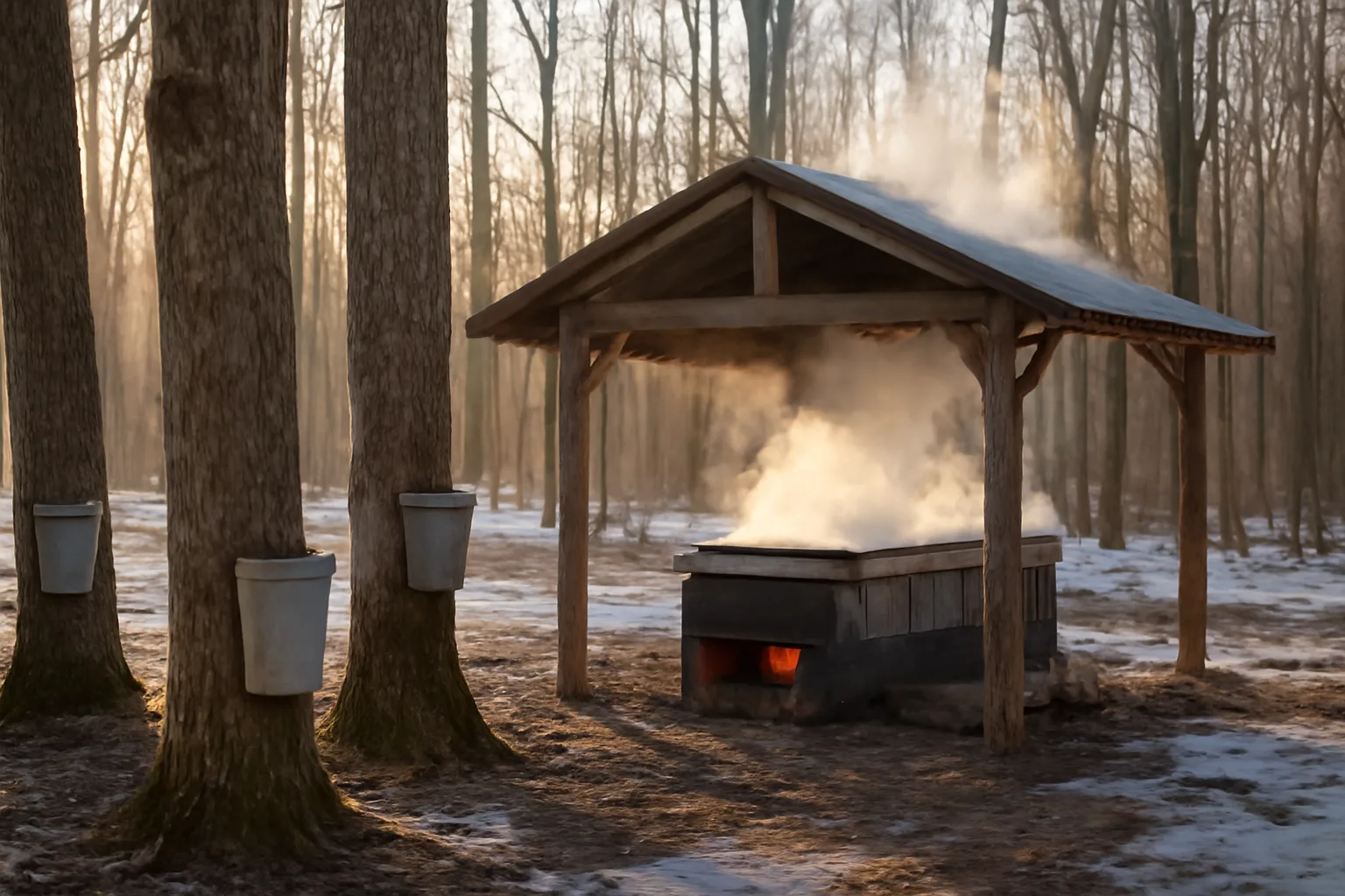 Wood-fired evaporator steaming beside tapped maples in Connecticut woods