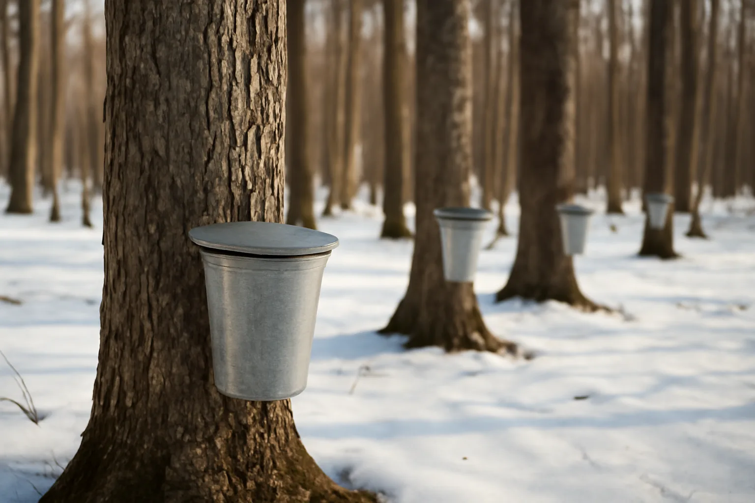 Snowy Connecticut sugarbush with galvanized buckets on sugar maples