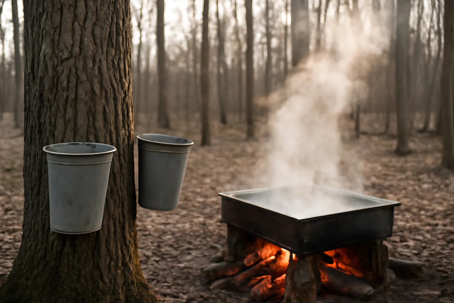 Metal sap buckets and a wood-fired evaporator in a Delaware maple stand