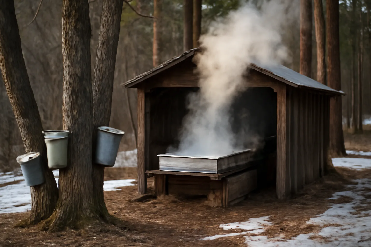 Metal sap buckets on Idaho maple trees beside a steaming evaporator