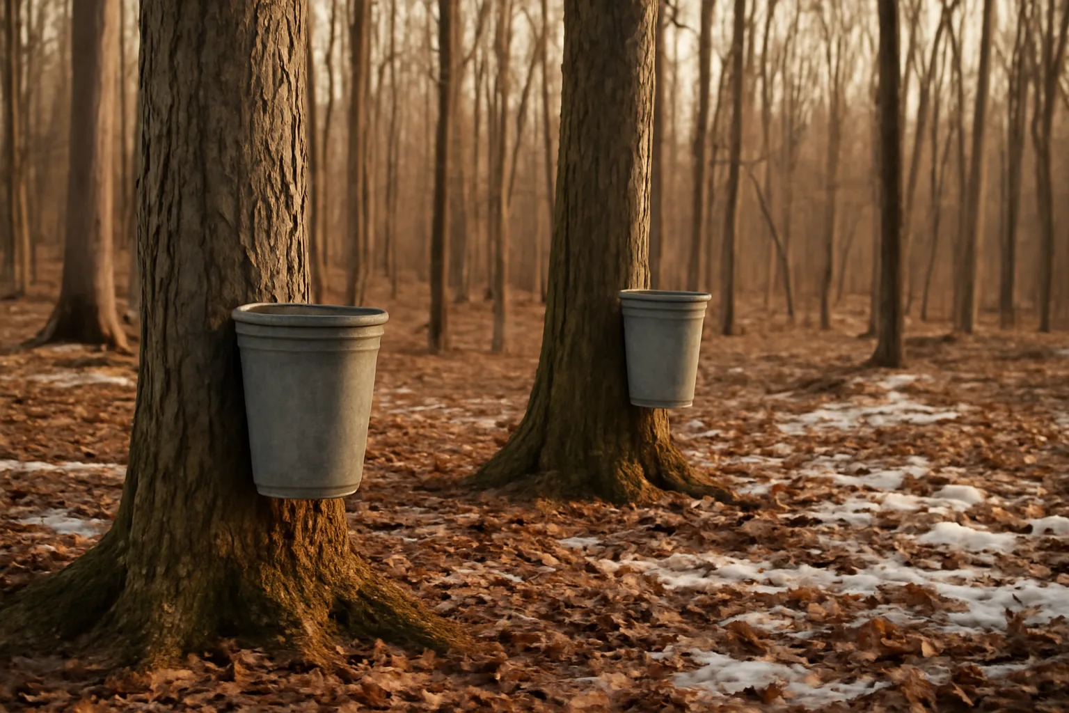 Galvanized buckets on Arkansas sugarbush maple trunks in winter