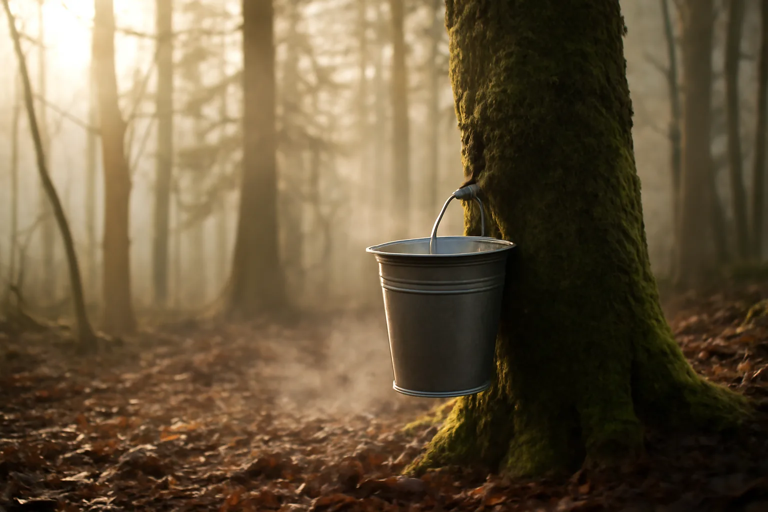 Metal sap bucket on a mossy bigleaf maple in California woods