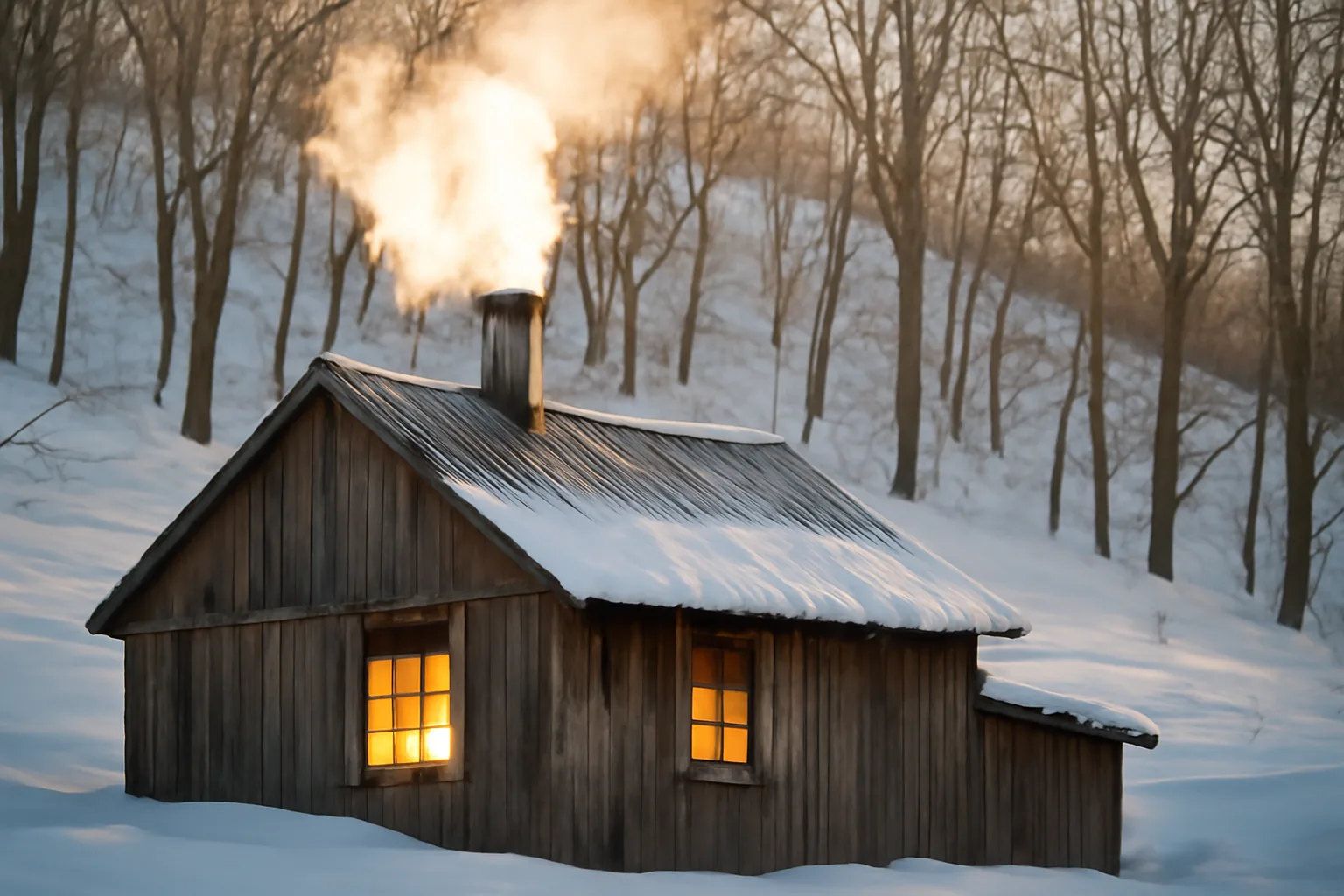 Vermont sugarhouse with steam rising above snowy maple trees in early spring
